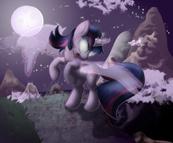 Size: 1112x922 | Tagged: safe, artist:sip, twilight sparkle, pony, g4, elements of discord, female, glowing eyes, magic, moon, mountain, solo, stars, twilight doom, wings