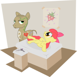 Size: 1684x1688 | Tagged: safe, artist:mafon, apple bloom, oc, earth pony, pony, g4, bald, blank flank, bow, dock, duo, duo male and female, female, filly, foal, hair bow, male, shaved tail, smiling, stallion, tattoo, tattoo artist