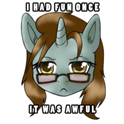 Size: 660x660 | Tagged: safe, artist:marikaefer, oc, oc only, oc:kneaded rubber, pony, blushing, glasses, hark a vagrant, i had fun once and it was awful, image macro, kate beaton, meme, simple background, solo, white background