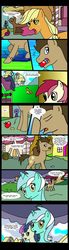 Size: 2480x9000 | Tagged: safe, artist:edowaado, applejack, bon bon, carrot top, doctor whooves, golden harvest, lyra heartstrings, roseluck, sweetie drops, time turner, comic:this is where it gets complicated, g4, apple, comic, that pony sure does love humans