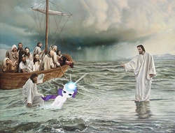 Size: 750x572 | Tagged: safe, rarity, pony, unicorn, g4, blank flank, jesus christ, ocean, rariquest, walking on water, younger