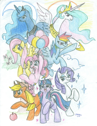 Size: 2511x3256 | Tagged: safe, artist:banami-luv, applejack, fluttershy, pinkie pie, princess celestia, princess luna, rainbow dash, rarity, twilight sparkle, g4, high res, traditional art