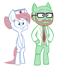 Size: 635x705 | Tagged: safe, artist:hotdiggedydemon, nurse redheart, oc, earth pony, pony, g4, beard, bipedal, duo, facial hair, female, glasses, male, simple background, standing, white background