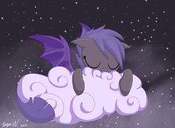 Size: 960x704 | Tagged: safe, artist:jasper77wang, oc, oc only, oc:midnight blossom, bat pony, pony, cloud, night, sleeping, stars