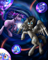 Size: 3200x4000 | Tagged: safe, artist:jitterbugjive, derpy hooves, discord, doctor whooves, octavia melody, time turner, twilight sparkle, draconequus, earth pony, pegasus, pony, unicorn, ask discorded whooves, ask miss twilight sparkle, g4, bowtie, crossover, discord whooves, discorded, doctor who, female, male, mare, miss twilight sparkle, parody, race swap, stallion, the doctor, time vortex