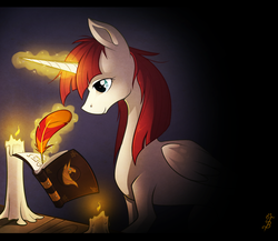 Size: 2300x2000 | Tagged: safe, artist:thenecrobalam, oc, oc only, oc:fausticorn, pony, book, candle, high res, lauren faust, quill, solo