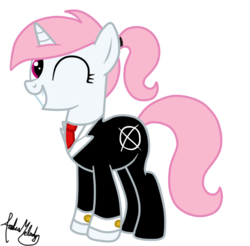 Size: 900x885 | Tagged: safe, artist:andreamelody, oc, oc only, pony, unicorn, clothes, cufflinks, cuffs (clothes), female, grin, mare, necktie, signature, simple background, slenderman, slendermare, slenderpony, smiling, solo, suit, transparent background, wink