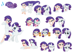 Size: 4500x3300 | Tagged: safe, artist:trinityinyang, part of a set, rarity, human, pony, unicorn, g4, clothes, collage, facial expressions, faic, female, human ponidox, humanized, mare, scene interpretation, simple background, skirt, solo, suit, transparent background, tube skirt