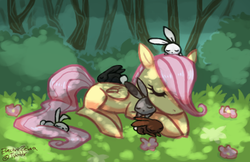 Size: 599x389 | Tagged: safe, artist:electriczebra, fluttershy, rabbit, g4, filly, sleeping