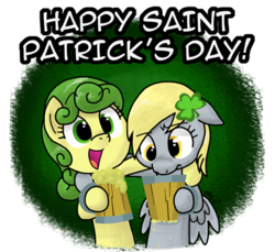 Size: 445x407 | Tagged: safe, artist:zicygomar, carrot top, derpy hooves, golden harvest, earth pony, pegasus, pony, g4, background pony, cider, cute, cutie top, derpabetes, duo, female, green hair, holiday, mare, saint patrick's day