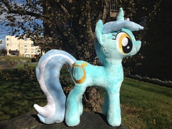 Size: 1600x1200 | Tagged: safe, artist:yunalicia, lyra heartstrings, pony, unicorn, g4, horn, irl, outdoors, photo, plushie, solo, tree