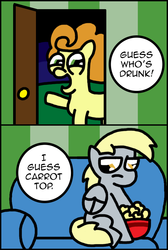 Size: 640x955 | Tagged: dead source, safe, artist:kingmunchy, carrot top, derpy hooves, golden harvest, earth pony, pegasus, pony, g4, 2 panel comic, comic, drunk, duo, female, mare, scott pilgrim vs the world