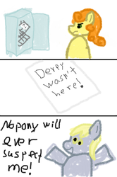 Size: 1024x1541 | Tagged: safe, artist:yoshimon1, carrot top, derpy hooves, golden harvest, pegasus, pony, g4, female, i emptied your fridge, mare, note