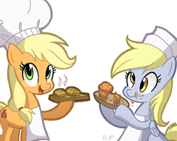 Size: 1500x1200 | Tagged: safe, artist:ric-m, applejack, derpy hooves, pegasus, pony, g4, apple fritter (food), baking, chef's hat, female, hat, mare, muffin