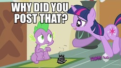 Size: 960x540 | Tagged: safe, edit, edited screencap, screencap, spike, twilight sparkle, dragon, pony, unicorn, g4, ponyville confidential, caption, hub logo, image macro, male, roflbot