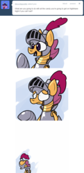 Size: 640x1320 | Tagged: safe, artist:putuk, scootaloo, robot, ask scootabot, g4, armor, ask, comic, costume, fantasy class, knight, nightmare night, scootabot, tumblr, warrior