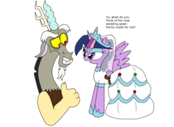 Size: 2750x2001 | Tagged: safe, artist:lorettafox, discord, twilight sparkle, alicorn, draconequus, pony, g4, clothes, dress, eyeshadow, female, high res, makeup, male, ship:discolight, shipping, simple background, straight, transparent background, twilight sparkle (alicorn), wedding dress