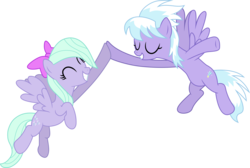 Size: 6000x4021 | Tagged: safe, artist:fukaketsu, cloudchaser, flitter, pegasus, pony, g4, ^^, absurd resolution, duo, duo female, eyes closed, female, flying, happy, hoofbump, mare, simple background, smiling, transparent background, vector