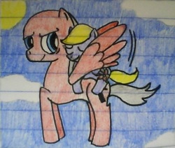 Size: 494x419 | Tagged: safe, artist:lorettafox, cloud, flying, lined paper, ponies riding ponies, riding, traditional art