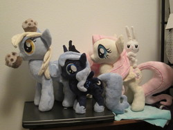 Size: 4000x3000 | Tagged: safe, artist:little-broy-peep, angel bunny, derpy hooves, fluttershy, princess luna, g4, filly, irl, muffin, photo, plushie