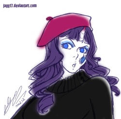 Size: 900x887 | Tagged: safe, artist:jagg17, rarity, human, g4, sweet and elite, alternative cutie mark placement, beatnik rarity, beret, clothes, facial cutie mark, hat, horn, horned humanization, humanized, sketch, solo