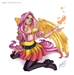 Size: 900x910 | Tagged: safe, artist:jagg17, fluttershy, human, g4, alternative cutie mark placement, clothes, dress, facial cutie mark, female, humanized, solo, winged humanization