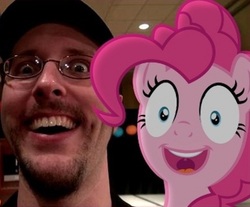 Size: 575x477 | Tagged: safe, pinkie pie, earth pony, human, pony, g4, faic, female, glasses, hat, irl, irl human, male, mare, nostalgia critic, photo, ponies in real life, ponyo (nostalgia critic episode), smiling, vector