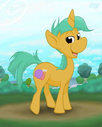 Size: 1600x2000 | Tagged: safe, artist:ixbalam, snails, pony, unicorn, g4, colt, looking at you, male, solo, tree