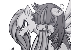 Size: 1200x840 | Tagged: dead source, safe, artist:irenezelle, fluttershy, twilight sparkle, pegasus, pony, g4, angry, bangs, crying, crylight sparkle, female, floppy ears, grayscale, gritted teeth, hair over eyes, hidden eyes, lesbian, messy mane, monochrome, sad, ship:twishy, shipping, spread wings, sweat, teeth, wide eyes