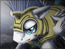 Size: 900x675 | Tagged: safe, artist:inuhoshi-to-darkpen, g4, armor, dripping, kubrick stare, looking up, rain, royal guard, wet