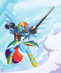 Size: 744x900 | Tagged: safe, artist:maxarkes, rainbow dash, anthro, g4, armor, clothes, cloud, cloudy, dress, female, flying, gala dress, lance, shield, solo, warrior, weapon