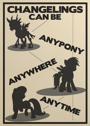 Size: 2500x3500 | Tagged: safe, artist:btedge116, octavia melody, rainbow dash, changeling, earth pony, pegasus, pony, g4, high res, poster, propaganda, silhouette