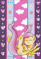 Size: 495x701 | Tagged: safe, artist:jonou, fluttershy, butterfly, pegasus, pony, g4, cloud, eyes closed, falling, female, flower, gem, heart, mare, signature, smiling, solo