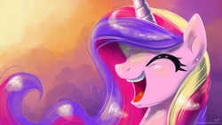 Size: 1920x1080 | Tagged: safe, artist:kp-shadowsquirrel, princess cadance, pony, g4, adorkable, cute, cutedance, dork, eyes closed, female, happy, laughing, missing accessory, solo, wallpaper