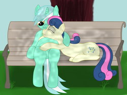 Size: 900x675 | Tagged: safe, artist:8aerondight8, bon bon, lyra heartstrings, sweetie drops, earth pony, pony, unicorn, g4, bench, duo, duo female, eyes closed, female, hug, lesbian, ship:lyrabon, shipping, sitting lyra