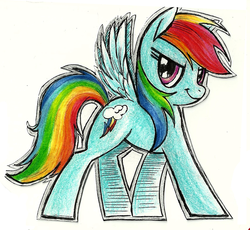 Size: 699x642 | Tagged: safe, artist:obligatorilyoptional, rainbow dash, pegasus, pony, g4, female, looking at you, mare, outline, simple background, smiling, solo, traditional art, white background