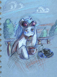 Size: 895x1200 | Tagged: safe, artist:lexx2dot0, dj pon-3, vinyl scratch, g4, coffee, headphones, scenery, traditional art