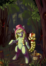Size: 1239x1753 | Tagged: safe, artist:lexx2dot0, granny smith, pony, timber wolf, g4, action pose, apple, bipedal, everfree forest, forest, prehensile tail, scenery, young granny smith, younger, zap apple