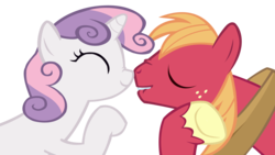 Size: 1280x723 | Tagged: safe, artist:joedash, big macintosh, sweetie belle, earth pony, pony, g4, lip bite, male, nuzzling, older, older sweetie belle, ship:sweetiemac, shipping, simple background, stallion, straight, transparent background, vector