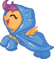 Size: 808x890 | Tagged: safe, artist:carnifex, scootaloo, pegasus, pony, g4, eyes closed, female, filly, galoshes, raincoat, simple background, solo, transparent background