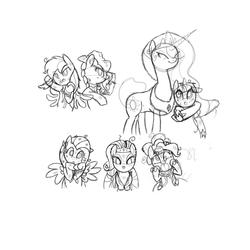 Size: 1200x1200 | Tagged: safe, applejack, fluttershy, pinkie pie, princess celestia, rainbow dash, rarity, twilight sparkle, alicorn, earth pony, pegasus, pony, unicorn, g4, the best night ever, clothes, female, monochrome, simple background, sketch, white background, wingless