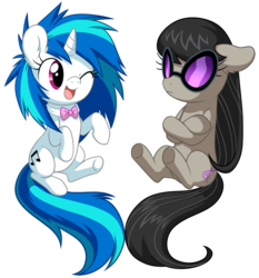 Size: 800x857 | Tagged: safe, artist:miikanism, dj pon-3, octavia melody, vinyl scratch, pony, g4, accessory swap, chibi, crossed hooves, cute, deal with it, duo, frown, messy mane, one eye closed, open mouth, simple background, sitting, smiling, transparent background