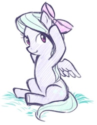 Size: 437x562 | Tagged: safe, artist:angeban, flitter, pony, g4, blank flank, bow, female, filly, hair bow, looking at you, simple background, sitting, sketch, smiling, solo, spread wings, underhoof, white background, wings