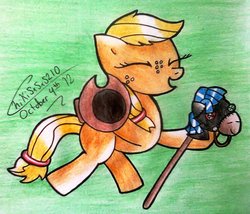 Size: 1330x1140 | Tagged: safe, artist:chikisxsxs210, applejack, earth pony, pony, g4, female, filly, solo, toy, traditional art