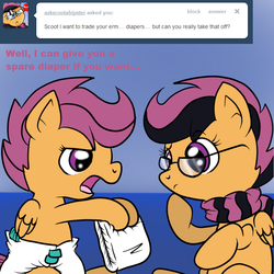 Size: 700x700 | Tagged: safe, artist:fillyscoots42, scootaloo, pegasus, pony, ask crinkleloo, ask scootahipster, g4, ask, clothes, crinkleloo, diaper, diaper fetish, diapered, female, filly, foal, glasses, incontinent, mare, non-baby in diaper, scarf, scootahipster, sitting, striped scarf, tumblr