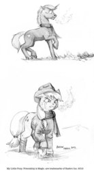 Size: 647x1175 | Tagged: safe, artist:baron engel, applejack, oc, g4, blood on the floor, clothes, grayscale, monochrome, pencil drawing, scarf, traditional art