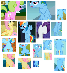 Size: 1470x1599 | Tagged: safe, daisy, flower wishes, fluttershy, pinkie pie, rainbow dash, rarity, earth pony, pegasus, pony, g4, butt, featureless crotch, plot, pppp