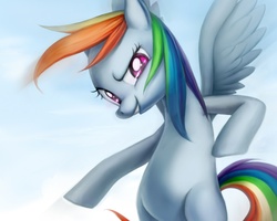 Size: 1280x1024 | Tagged: safe, artist:dawkinsia, rainbow dash, pony, g4, female, flying, grin, hind legs, smirk, solo