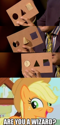 Size: 424x887 | Tagged: safe, applejack, g4, are you a wizard, caption, image macro, qi, stephen fry