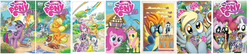 Size: 2854x616 | Tagged: safe, idw, official comic, apple bloom, applejack, derpy hooves, dj pon-3, doctor whooves, fluttershy, hoity toity, pinkie pie, princess celestia, rainbow dash, rarity, soarin', spike, sweetie belle, time turner, twilight sparkle, vinyl scratch, winona, pegasus, pony, g4, official, cover, female, idw advertisement, mare, muffin